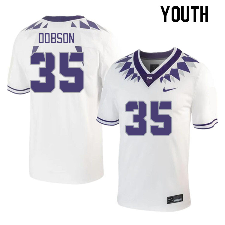 Youth #35 Colton Dobson TCU Horned Frogs 2023 College Footbal Jerseys Stitched-White - Click Image to Close